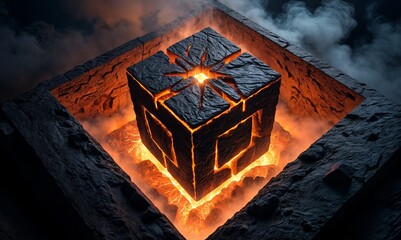 cube made of stone is on fire, surrounded by rocks and smoke.