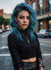 A woman with long, blue hair and a black top standing on a street