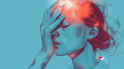 An illustration of a woman with her hand on her forehead, with a glowing red area indicating a headache or intense mental stress, against a blue background.