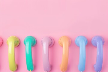 A row of colorful phone handsets against a pastel pink background