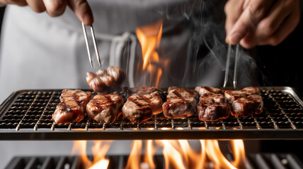 A chef grills juicy meat slices on a flaming barbecue, using tongs to turn the pieces for perfect sear marks.