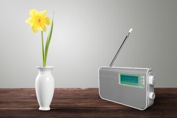 vintage radio Retro broadcast and flower in vase