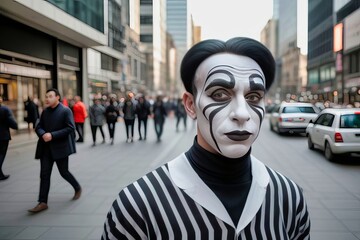 Artista callejero urbano disfrazado de payaso, mimo en la ciudad