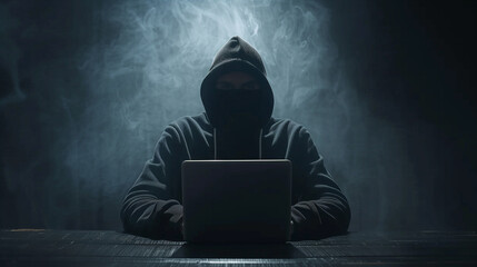 Hooded Hacker  Man Using Laptop at Table