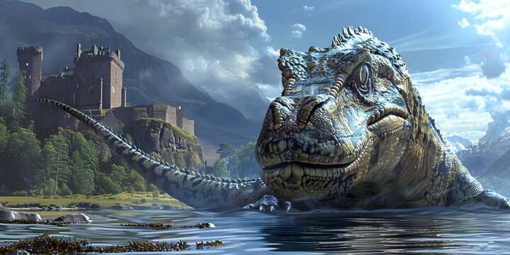 Loch Ness Monster Nessie in lake. AI generated.	
