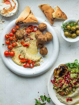 Middle Eatern Meze with breads, olives and hummus