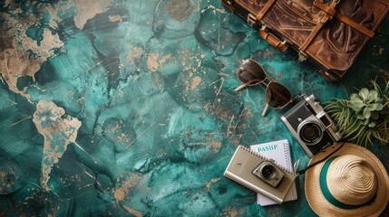 Flat lay design of travel concept with suitcase, passport, camera, world map, top view on table.