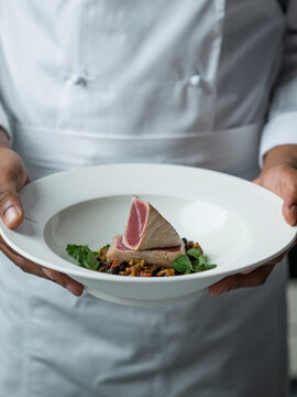 Chef holding spiced Tuna and aubergine dish.fff