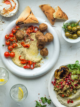 Middle Eatern Meze with breads, olives and hummus