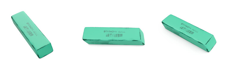 old school green eraser, rectangular model with black spots