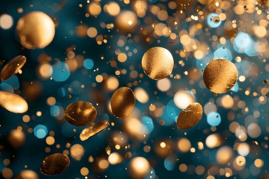 .Confeti dorado cayendo en un fondo azul con efecto bokeh. Atractivo fondo de fiesta