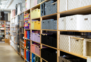 Hardware store shelves filled with boxes for linen