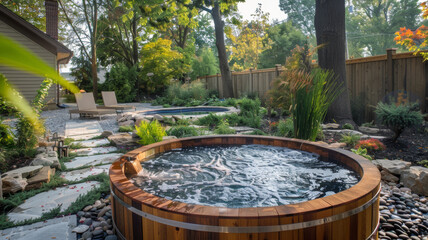 Backyard cold plunge tank in residential backyard
