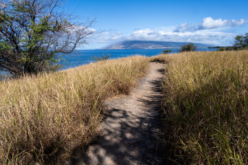 Dry dirt trail through a Seabird Nesting Preserve leading to a Pacific Ocean viewpoint, protected environment for birds with hiking trails for people, birdwatching in Wailea-Makena, Maui, Hawaii
