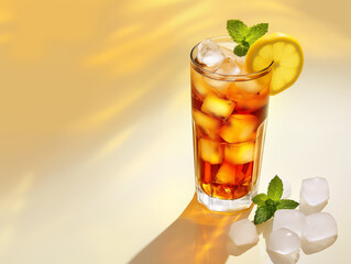 Glass of Iced Tea with Lemon and Mint on Sunny Background