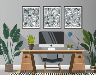 Patterned posters above desk with computer monitor in grey home office interior with plants