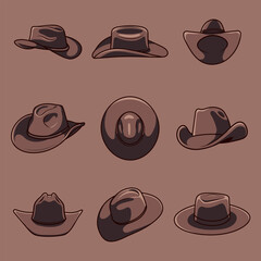 Set Simple Cartoon Flat Cowboy Hat Vector Design Element Collection. Editable Line. Adjustable Stroke Width.