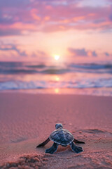 A baby turtle on a sandy beach by the sea at sunset