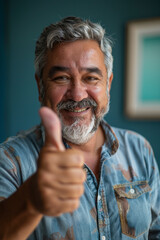 Middle-aged man giving thumbs up, happy expression, cheerful, blue background