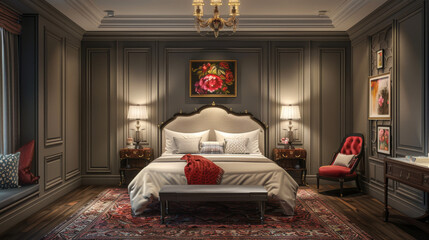 3D Illustrate of Elegant bedroom with plush bedding and tasteful artwork on the walls,Digital anime characters