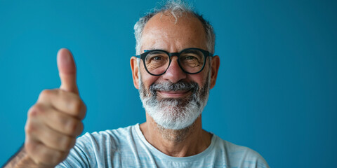 Middle-aged man giving thumbs up, happy expression, cheerful, blue background - Powered by Adobe