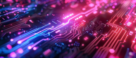Fototapeta premium Abstract technology background with glowing lines and circuits, blurred gradient backdrop, neon blue and purple