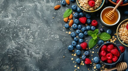 Flat lay of a healthy breakfast: bowls of oatmeal, fresh berries, nuts, and honey on a rustic table