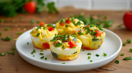 Mini Egg Muffin Cups Covered in Cheese on White Plate
