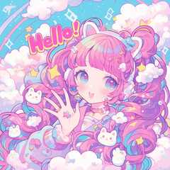kawaii illustration of a young girl waving hello, the word "Hello", cute kawaii illustration of a pop star