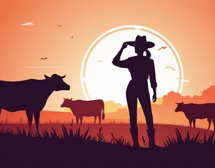 Silhouetted Farmer in Cowboy Hat Overseeing Cattle at Sunrise, Rural Farming Landscape, Peaceful Morning on the Ranch, Agricultural Livelihood Concept