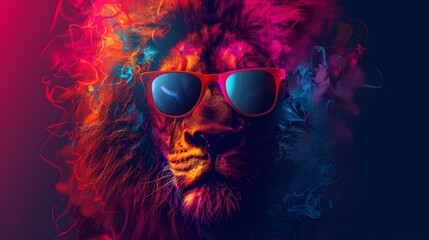 Abstract animal king of Lion portrait with colorful Afro hairs wearing sunglasses in Hawaii dress theme, Vibrant bright gradients background