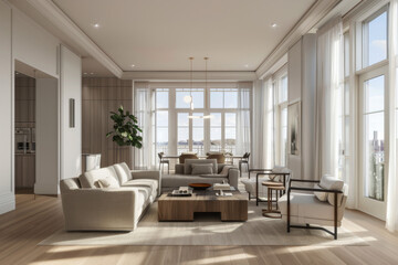 Fototapeta premium 3D render of Spacious living room with modern decor and large windows letting in natural light,Watercolor landscapes