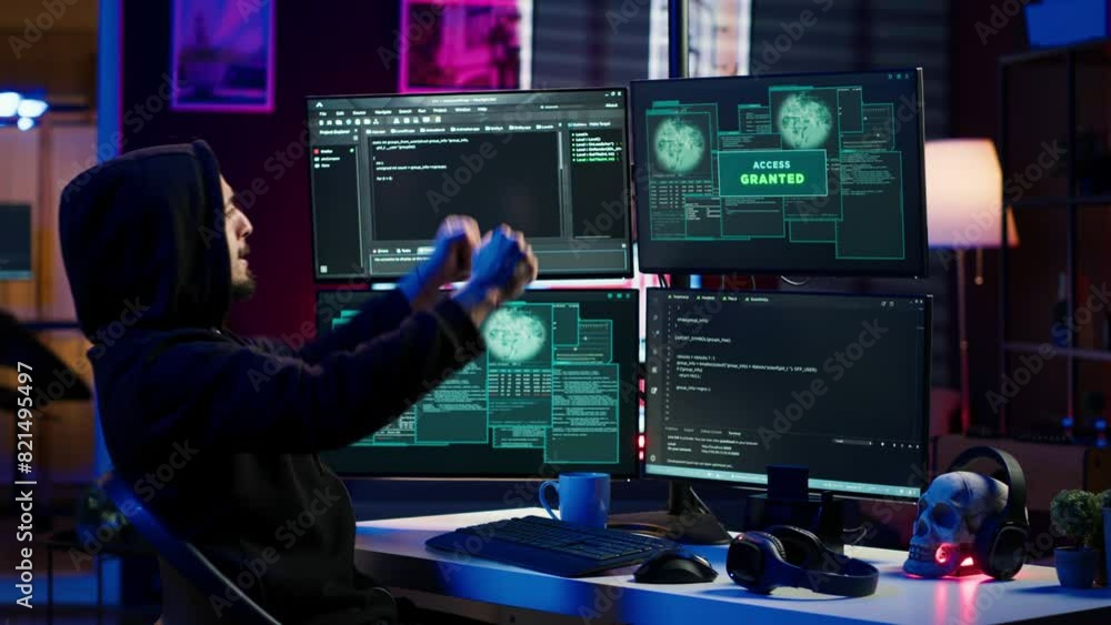 Poster hacker happy after successfully doing computer sabotage using ransomware, seeing access granted mess
