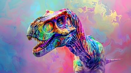 Abstract of Tyrannosaurus rex or T-rex dinosaur portrait in Cretaceous period with multi colored colorful isolated on clean png background, Vibrant bright, with Generative AI.