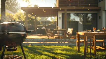 BBQ grill beef steak smoke stove in the backyard during summer vacation.