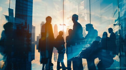 Double exposure image of many business people conference group meeting on city office building in background showing  partnership success of business deal.       Concept of teamwork