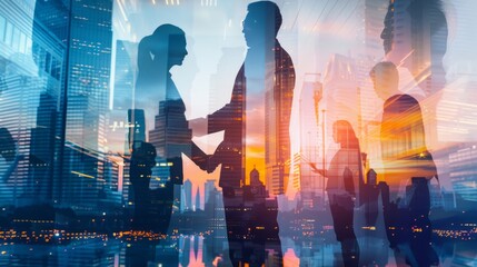 Double exposure image of many business people conference group meeting on city office building in background showing  partnership success of business deal.       Concept of teamwork