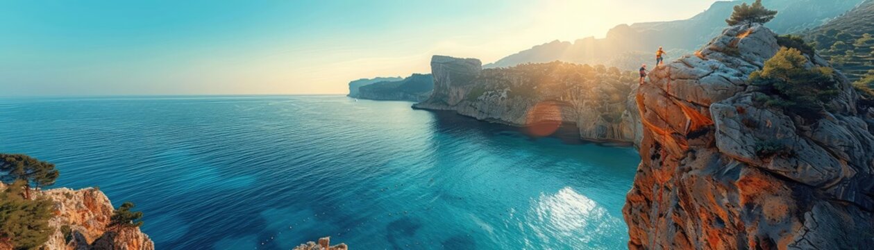 Rock climbers tackling sheer cliff faces above the ocean, side view, showcasing extreme sports, technology tone, vivid