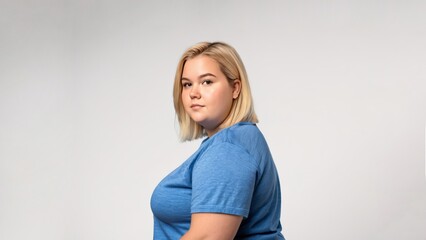 Chubby blonde woman on a light isolated background 