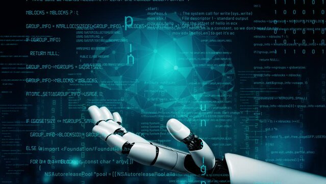 MLP Futuristic robot artificial intelligence revolutionary AI technology development and machine learning concept. Global robotic bionic science research for future of human life. 3D rendering graphic