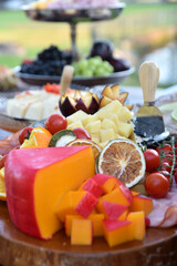 table cheeses paes finger food grapes and salads party buffet wedding decoration dishes flowers arrangements restaurant dining table