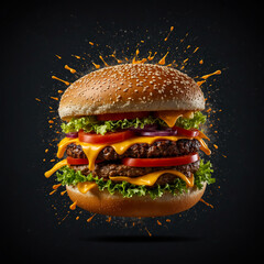Banner or Poster for Fast Food. A Burger with Lots of Toppings. 