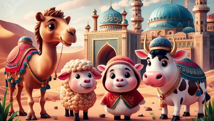 A Cute Camel Sheep Cow And Mosque Background illustrations, Ai generative.
