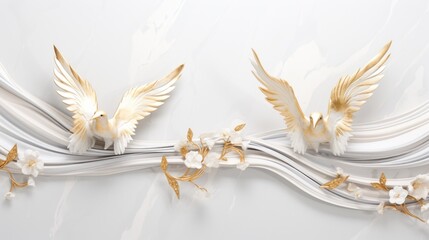 3d golden birds flying on marble background wallpaper