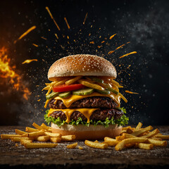Banner or Poster for Fast Food. A Burger with Lots of Toppings. 
