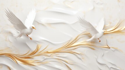 3d golden birds flying on marble background wallpaper