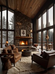 A double-height ceiling living room with a large, floor-to-ceiling window on one side log cabin