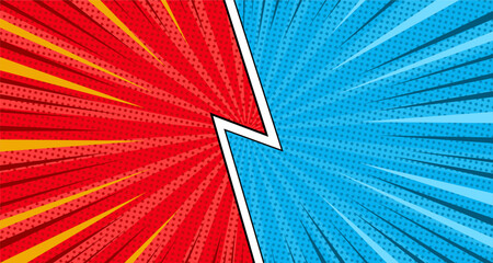 Comic book versus template background, classic pop-art style, superhero battle intro, halftone print texture