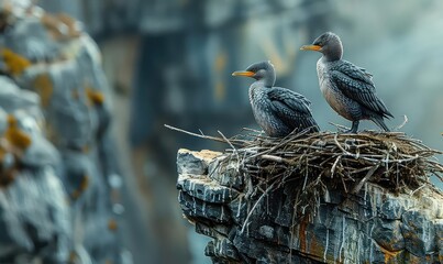 Fototapeta premium Seabirds nesting on cliffside crevices, side view, illustrating adaptation and survival, scifi tone, Splitcomplementary color scheme