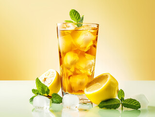 Glass of Iced Tea on Yellow Background